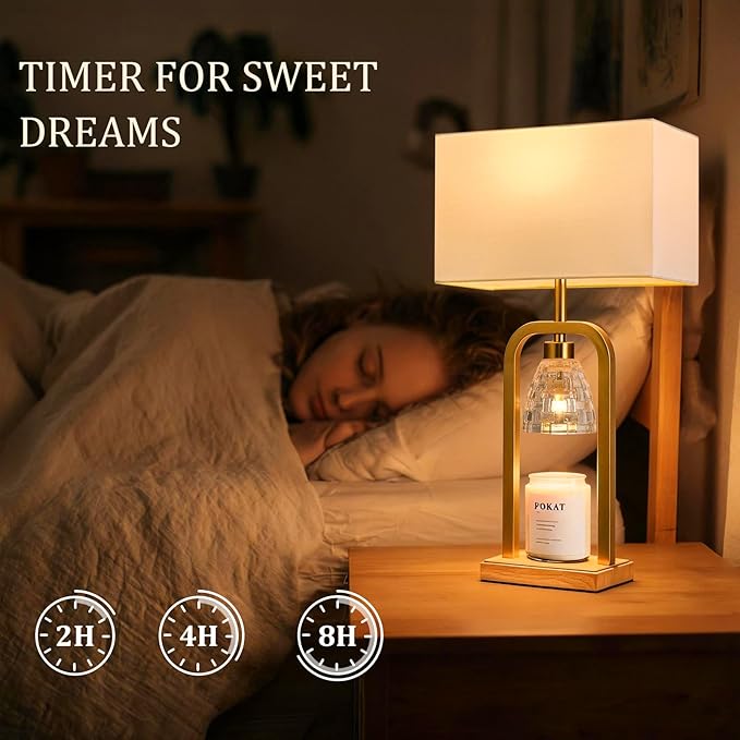 PoKat Gold Table Lamps for Bedroom with Candle Warmer & Timer, Mid Century Modern Bedroom Lamps for Living Room Night Stands, Bedside Lamps for End Table, Dinning, Bathroom, Bulbs Included