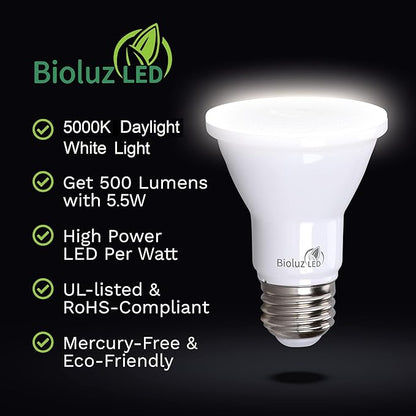 Bioluz LED PAR20 5000K Daylight LED Bulbs, 90 CRI, Dimmable LED Light Bulb, 5.5W = 75W Replacement, E26 Standard Base, 40° Beam Angle, UL Listed, Dimmable Light Bulbs, Incandescent Light Bulbs, 20Pk