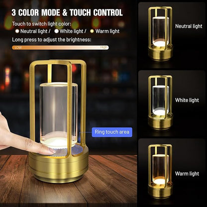 Cordless Table Lamp for Outdoor Indoor, Portable Rechargeable Battery Powered LED Crystal Lantern Lamp, 3 Color Touch Control Stepless Dimming, Small Desk Light for Restaurant Home (Gold)