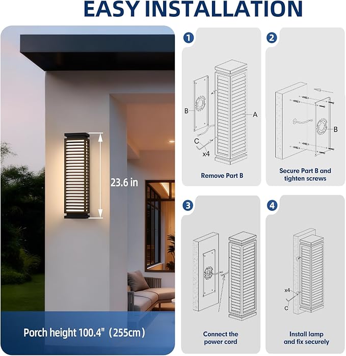 Outdoor Wall Lights for House, 23.6" Large Exterior Lighting Fixtures Waterproof, AC100–240V Modern Outdoor Wall Light, 3000K LED Front Porch Light, Garage Sconce Lights for Patio Front Door