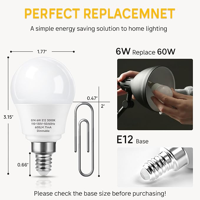 E12 LED Light Bulb Dimmable, 6W Equal 60 Watt Candelabra Bulb A15 LED Bulb for Ceiling Fan,Chandeliers,Wall sconces Warm White 3000K,12-Pack