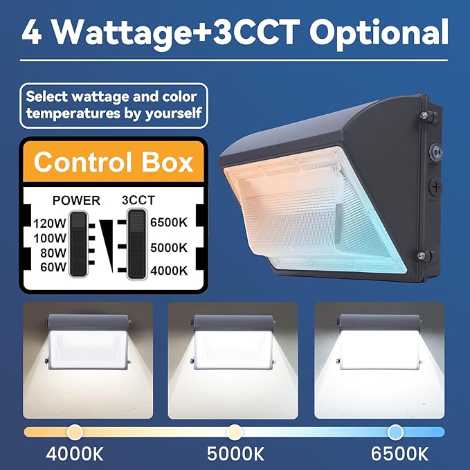 120W LED Wall Pack Light with Photocell, 4000/5000/6500K 3CCT, 60/80/100/120W Switchable, Security Lighting Dusk to Dawn Outdoor LED wall lights for Parking Lot Warehouse Barn, 100-277V, ETL Listed
