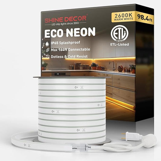 Shine Decor LED Rope Lights AC 120V, Connectable & Cuttable Dotless 120LEDs/M Eco Neon Strip Lighting, ETL IP65 Waterproof & Weather-Resistant for Home Commercial, 8x16mm, 2600K Warm White, 98.4FT