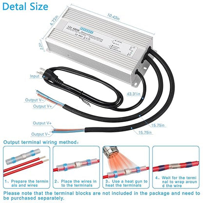 LED Driver 12V600W Waterproof Power Supply 110V/130V AC to 12V DC 50A Low Voltage Transformer IP67 Hotel Exterior Wall Landscape Light LED Light with Spotlight Switch Power Supply