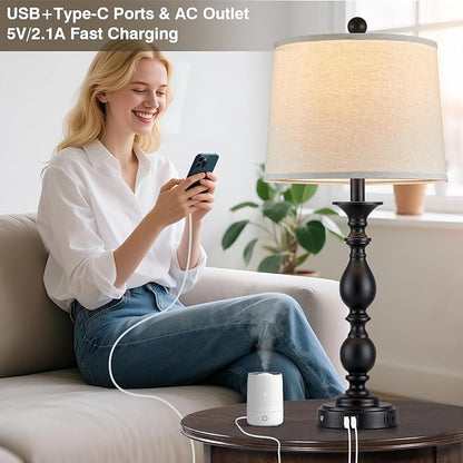 28" Black Modern Table Lamps Set of 2 with USB C+A Ports and AC Outlet, 3 Way Touch Control Tall Bedside Lamps for Bedroom, Metal Farmhouse Nightstand Lamps for Living Room