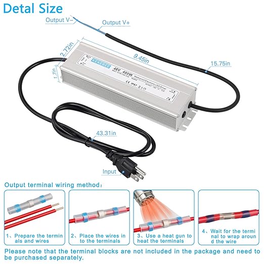 LED Driver 48V400W Waterproof Power Supply AC90-130V to DC48V8.3A Switching Power Supply IP67 Transformer Suitable for Indoor and Outdoor LED Lighting and Any 48V DC Equipment