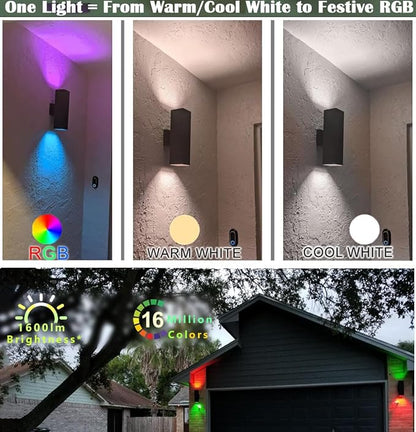 Tunable White Exterior Wall Light Fixtures 1200lm, RGB Color Up Down Outdoor Lights 2 Pack,Modern Dusk to Dawn Outdoor Lighting - Smart Outside Wall Lights for Garage,Porch（UL Listed