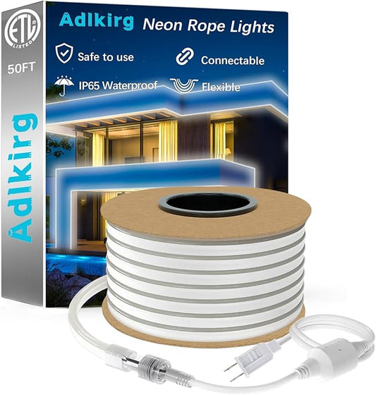 50ft Led Neon Rope Light, Commercial Grade IP65 Waterproof Neon Led Strip Lights, 110V-120V Plug-in Led Rope Light with Power Adapter for Outdoor, Indoor, Stairs and Room Decor, Daylight White