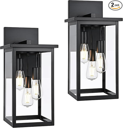 TODOLUZ 2-Pack Large Outdoor Wall Light Fixtures, Black 3-Light Waterproof Exterior Wall Mounted Sconce Lighting for Garage Porch Patio, E26 Bulb Base