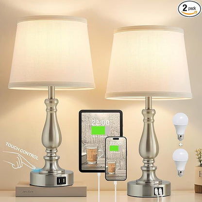 Table Lamps for Bedrooms Set of 2 - Touch Bedside Lamps with USB C+A Ports,Dimmable White Nightstand Lamps for End Tables, Farmhouse Night Stand Lamps for Living Room Bed Side Guest Room