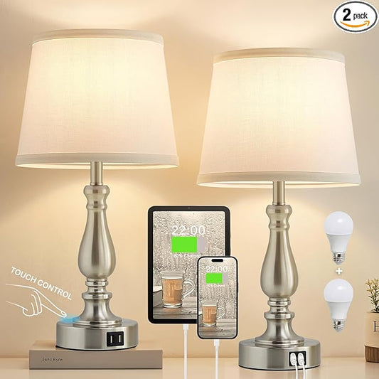 Table Lamps for Bedrooms Set of 2 - Touch Bedside Lamps with USB C+A Ports,Dimmable White Nightstand Lamps for End Tables, Farmhouse Night Stand Lamps for Living Room Bed Side Guest Room