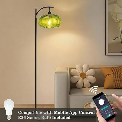 Floor Lamp for Living Room with Green Glass Shade, Modern Standing Lamp with Remote Control, Black Dimmable Tall Lamp for Bedroom Office with 12 LED Bulb