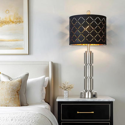 Set of 2 Modern Table Lamps for Living Room Bedroom,29" Tall Bedside Lamp with 2 USB Port,Silver Metal Touch Nightstand Lamp for Desk End Side Table Entryway,Silver
