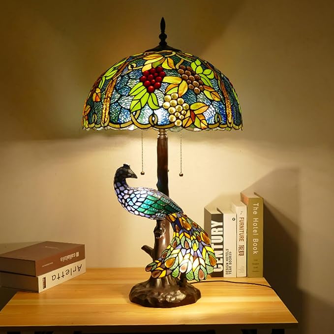 Large Tiffany Table Lamp 18" Wide Handmade Stained Glass Lamp Shade 3 Light Peacock Style Vintage Desk Light for Living Room Bedroom Bedside Reading Light,Grape