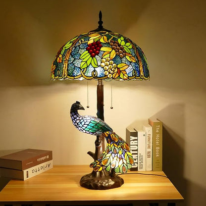 Large Tiffany Table Lamp 18" Wide Handmade Stained Glass Lamp Shade 3 Light Peacock Style Vintage Desk Light for Living Room Bedroom Bedside Reading Light,Grape
