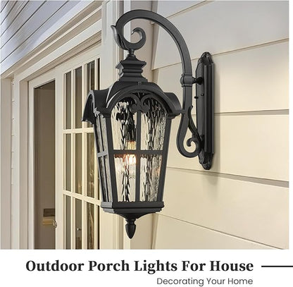 Outdoor Wall Sconce Light Exterior Lighting Fixtures in Black Finish 31 Inch Height Large Size Outdoor Wall Lights with Water Ripple Glass E26 Socket Waterproof