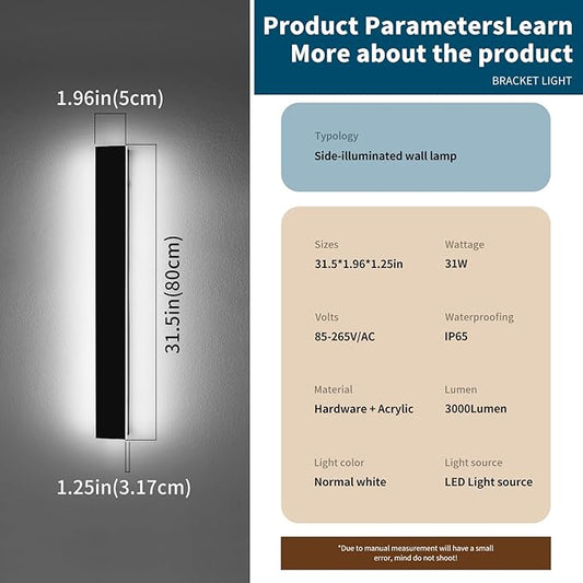 31.4inch Modern Outdoor Wall Sconce, 6000K Cold White LED Outside Wall Light Fixture, IP65 Waterproof, 31W, Black Minimalist Exterior Lighting Patio Lamp for House, Porch, Garage, Garden