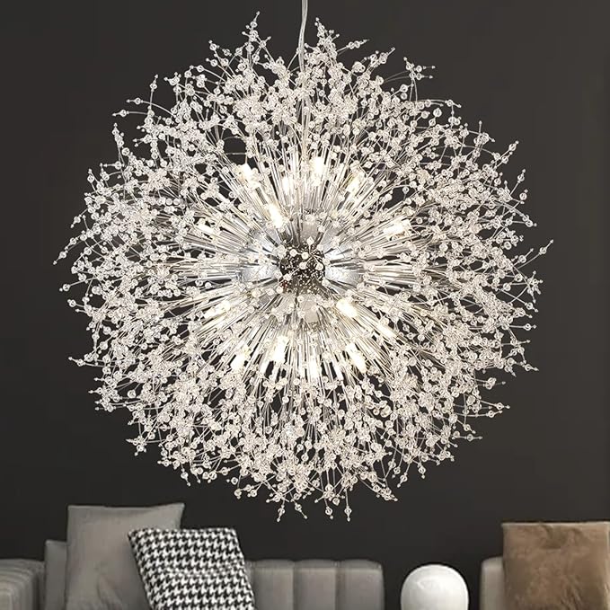 Large Fireworks Crystal Chandeliers, 24-Light Chrome Dandelion Pendant Chandelier, 120W Modern Sputnik Crystal Chandelier Lighting for Living Room Entryway