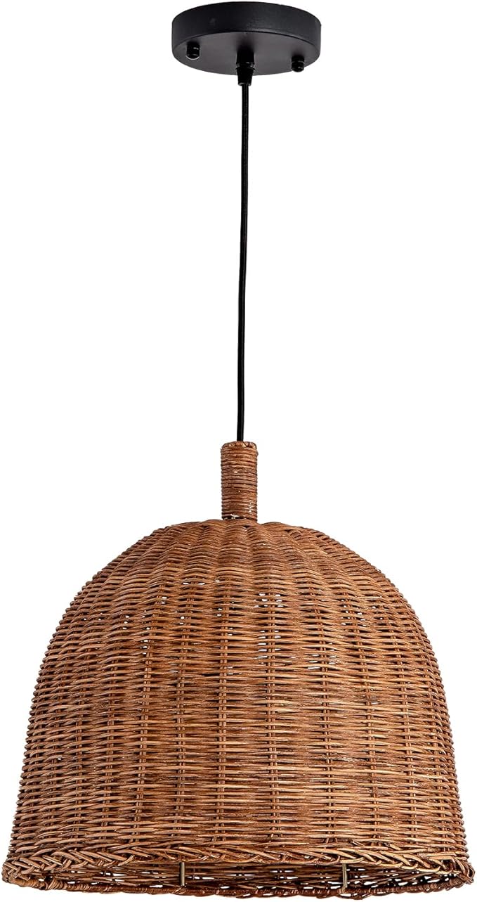 3-Light Dark Curry Rattan Pendant Light,13.77" Rustic Hanging Light,Brown Wicker Pendant Light Hand-Woven Rattan Chandelier for Workplace Dining Living Bedroom Kitchen Farmhouse