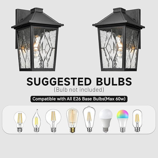 Exterior Waterproof Wall Sconce Light Fixtures Outdoor Wall Lights in Black Finish Outdoor Wall Sconce Lights with Water Ripple Handmade Glass 11 Inch Height