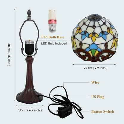 Tiffany Table Lamp Beige Baroque 8 Inch Wide Vintage Bedside Table Lamp Night Light Stained Glass Lamp Antique Art Craft Gifts Alloy Base 15 Inch Tall Vintage Reading Lamp