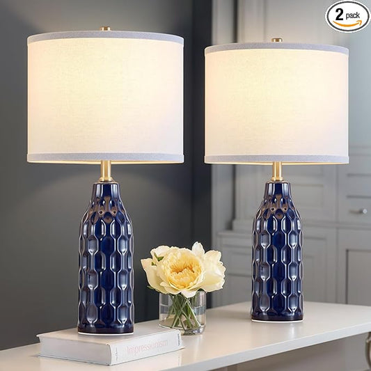 Luvkczc 24.8" Ceramic Table Lamps Set of 2 for Nightstand -Color Temperature&Bulbs Included, Bedside Lamps for Living Room Bedroom Home Office Table Decor, Navy Blue