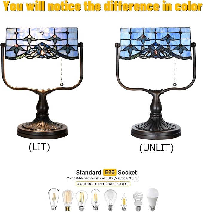 TL0031 Baroque Tiffany Banker Desk Lamp Stained Glass Blue Shade with Vintage Bronze Base W10.25 X OH13 Inches, Art Nouveau Decor for Home Office,LED Bulb Included (Baroque)