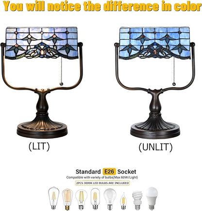 TL0031 Baroque Tiffany Banker Desk Lamp Stained Glass Blue Shade with Vintage Bronze Base W10.25 X OH13 Inches, Art Nouveau Decor for Home Office,LED Bulb Included (Baroque)