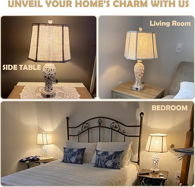 25'' Farmhouse Table Lamp for Living Room Bedroom, 2 USB Ports Vintage Rustic Nightstand Desk Lamp with Nightlight, White Hollow Out Resin Lamp for End Table (Bulb Included)