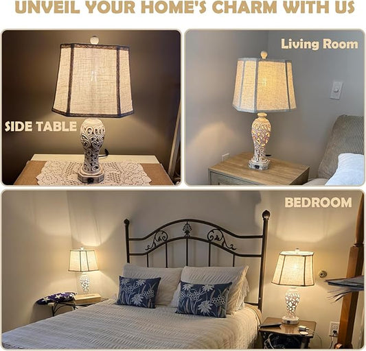 25'' Farmhouse Table Lamp for Living Room Bedroom, 2 USB Ports Vintage Rustic Nightstand Desk Lamp with Nightlight, White Hollow Out Resin Lamp for End Table (Bulb Included)