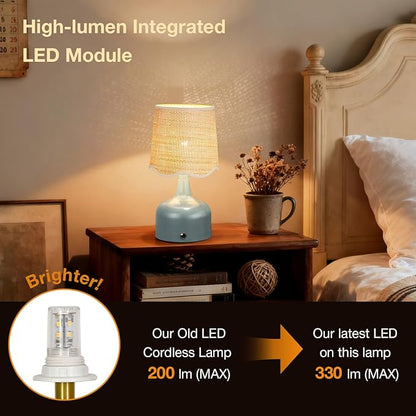 Cordless Boho Table Lamp Blue, Wicker Shade, 5200-mAh Rechargeable Battery, 3-Way Dimmable, Build-in Integrated LED 320 Lumen Max, for Bedside Living Room