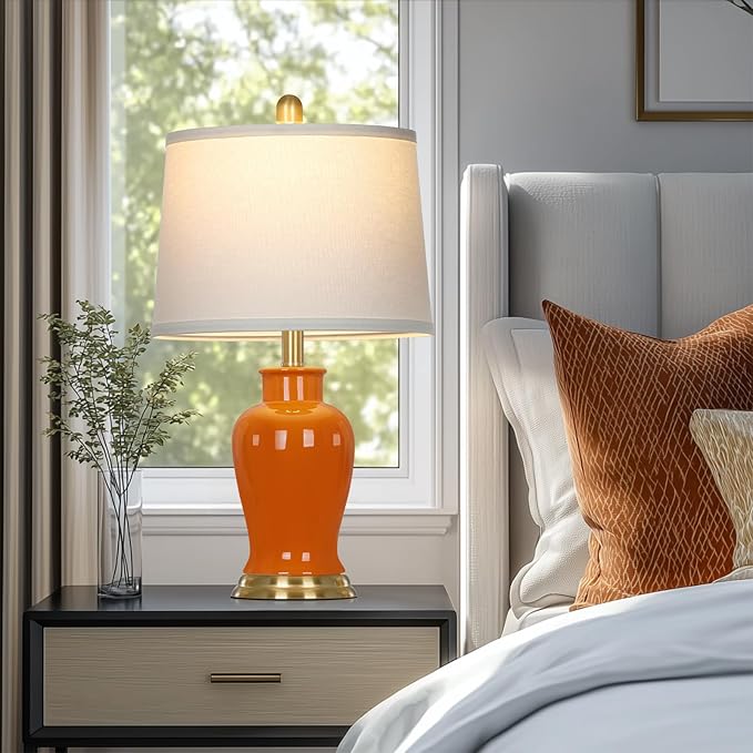 Orange Ceramic Lamps Set of 2, 23" Modern Table Lamps for Living Room, Stylish Bedroom Ginger Jar Lamps, Elegant Bedside Lamp for Night Stand Desk Side End Table Home Decor(Bulbs Included)