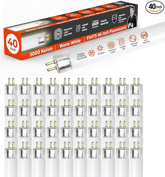GoodBulb F54T5/830/ECO 54W 46 Inch T5 Fluorescent Light Bulb, 3000K Warm White Medium Bi-Pin Base, 4950 Lumens 85 CRI 36000 Life Hours, Instant/Programmed Start (40 Pack)