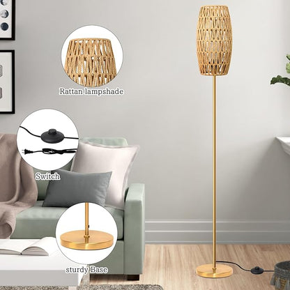 Floor Lamp for Living Room,Farmhouse Floor lamp,Modern Standing lamp with Hand-Worked Rattan Shade (Drum Rattan Shade Body Gold Color-3 Color Bulb)
