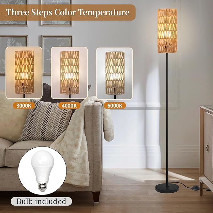 Floor Lamp for Living Room,Farmhouse Floor lamp,Modern Standing lamp with Hand-Worked Rattan Shade (Round Rattan Shade-3 Color Bulb)