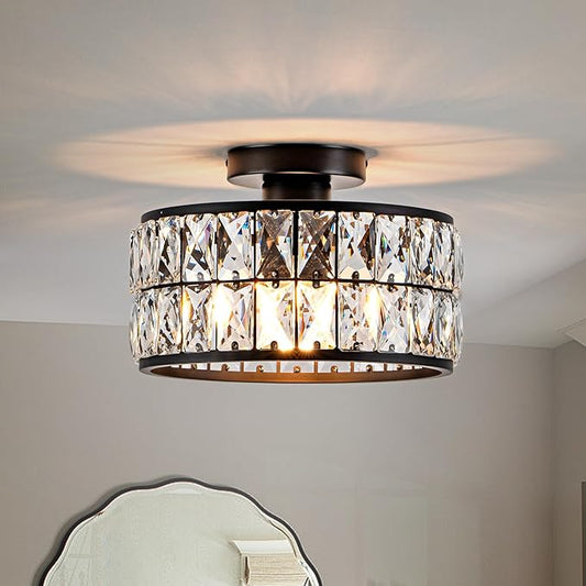 Crystal Ceiling Light, Modern Flush Mount Ceiling Light, Black Crystal Chandelier for Kitchen Bedroom Bathroom Entryway Hallway, 1 Light