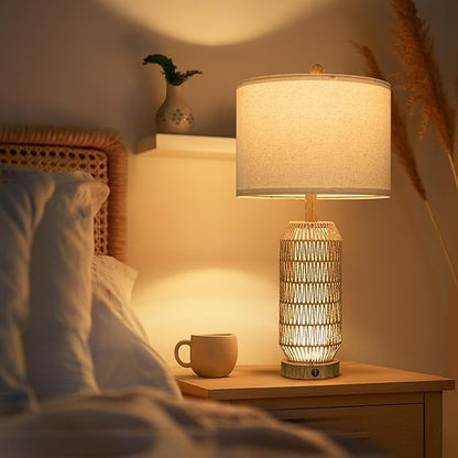 OYEARS 25" Table Lamps Set of 2 with Night Light,Bedside Lamps for Bedroom,Boho Lamps with USB C+A Charging Ports,Farmhouse Table Lamp with Rattan,Frosted Glass,Linen Shade (Wood Grain,Bulb Included)