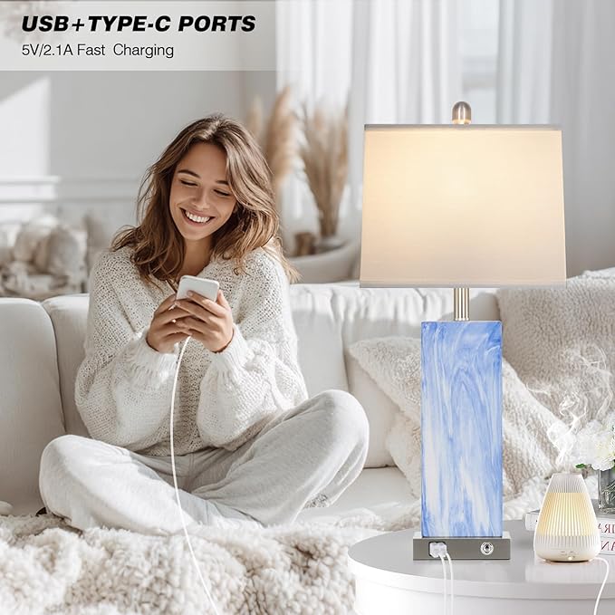 28.5" Coastal Blue Ceramic Table Lamps Set of 2, 3-Way Touch Control Bedroom Lamp with USB C+A Ports, Tall Square Lamps for Living Room, Elegant Bedside Lamps for Nightstand Side End Table