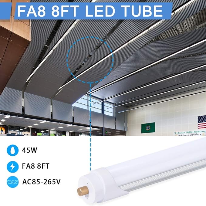 8ft LED Bulbs,12 Pack 96" 45W FA8 Single Pin LED Tube Lights 5400LM, 6000k, Milky Cover, F96T12 Bulb Fluorescent Replacement, Ballast Bypass