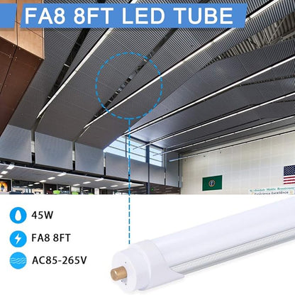 8ft LED Bulbs,12 Pack 96" 45W FA8 Single Pin LED Tube Lights 5400LM, 6000k, Milky Cover, F96T12 Bulb Fluorescent Replacement, Ballast Bypass