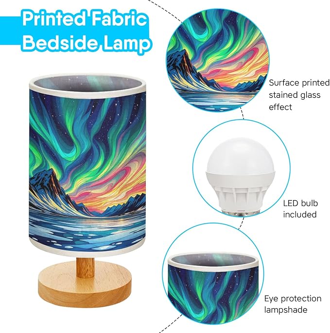 Aurora Night in The Polar Region Table Lamp LED 3-Color Pressed Bedside, Aurora Night in The Polar Region Shade Lamp with Wood Base for Bedroom Living Room Desk Office TL01