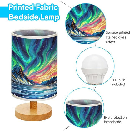 Aurora Night in The Polar Region Table Lamp LED 3-Color Pressed Bedside, Aurora Night in The Polar Region Shade Lamp with Wood Base for Bedroom Living Room Desk Office TL01