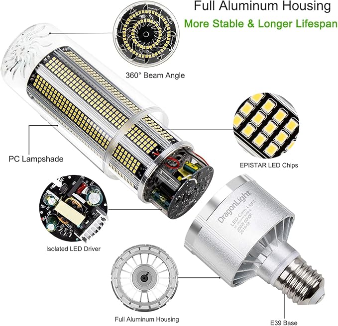 DragonLight 240W Commercial Grade Corn LED Light Bulb (1000 Watt Metal Halide/HID/HPS Replacement) E39 Large Mogul Base LED Lamp 3000K Warm White 32,400LM for High Bay Area Lighting