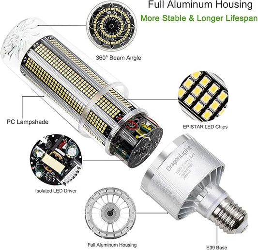 DragonLight 240W Commercial Grade Corn LED Light Bulb (1000 Watt Metal Halide/HID/HPS Replacement) E39 Large Mogul Base LED Lamp 3000K Warm White 32,400LM for High Bay Area Lighting