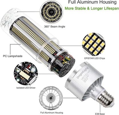 DragonLight 150W Commercial Grade Corn LED Light Bulb(600 Watt Metal Halide/HID/HPS Replacement) E39 Large Mogul Base LED Lamp 5000K Daylight 20,250LM for High Bay Area Lighting