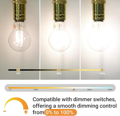 A19 E26 Base Dimmable Edison LED Bulb, 6W(60 Watt Equivalent) Stepless Dimming Light Bulbs 600lm, 5000K Daylight White, Vintage Clear Glass LED Filament Bulb for Home, Wall Sconce, Chandelier, 6 Pack