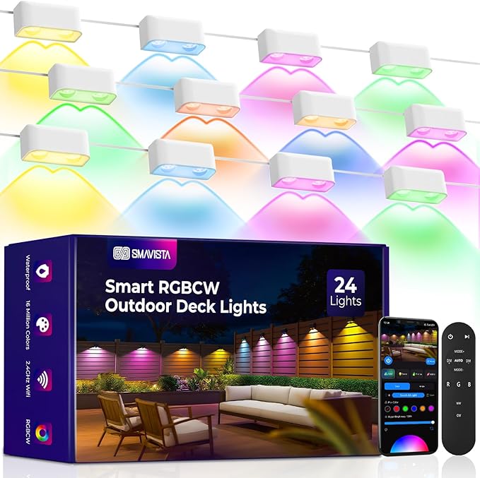 Outdoor Deck Lights 24 Packs, Smart RGBCW Fence Light, 100+ Scene Modes, Dual Lens LED String Lights with APP/Voice/Remote Control, IP65 Waterproof for Halloween Christmas Decor, 157ft White