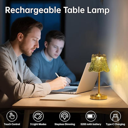 Small Table Lamp with 5200mAh Battery & Touch Control - 3 Adjustable Color Temperatures, Dimmable Rechargeable Table Lamps for Living Room, Bedroom, Bedside (Green Rose)
