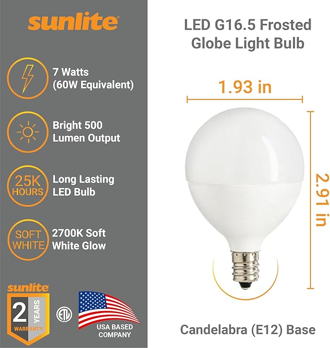 Sunlite G16.5 Light Bulb LED, 7 Watts (60W Equiv.), 500 Lumens, Dimmable, Type G Globe Shape E12 Candelabra Base, Short Bulbs, Vanity Mirror Bulbs, 2700K Soft White, Frosted, 3 Count