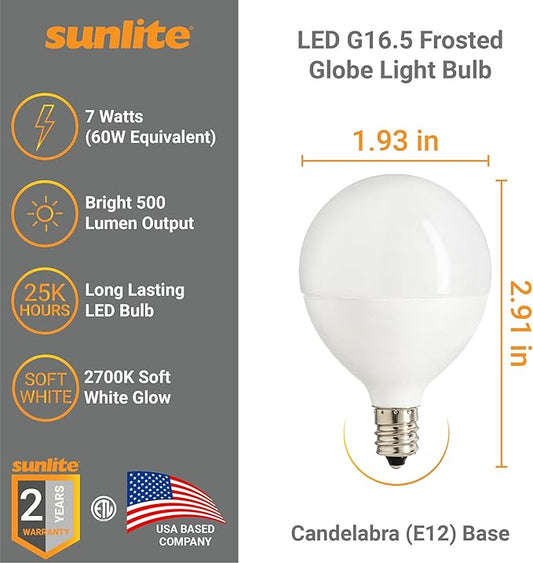 Sunlite G16.5 Light Bulb LED, 7 Watts (60W Equiv.), 500 Lumens, Dimmable, Type G Globe Shape E12 Candelabra Base, Short Bulbs, Vanity Mirror Bulbs, 2700K Soft White, Frosted, 3 Count